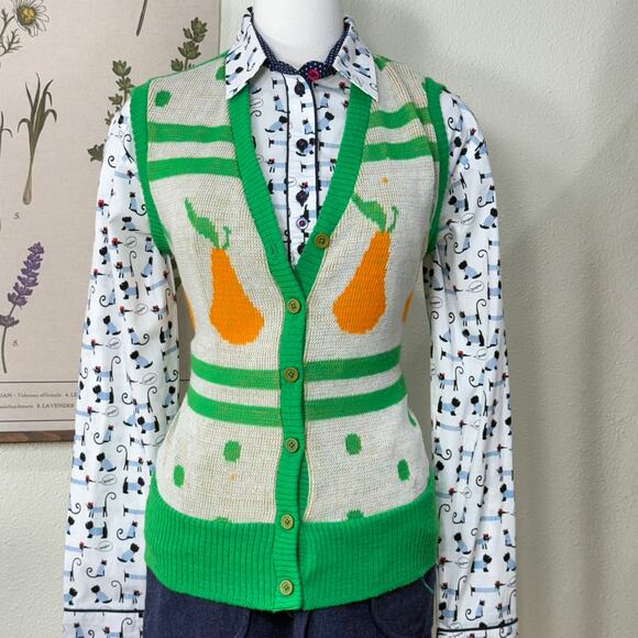 Vintage 70s Pear Button Up Knit Vest Mod Retro Whimsy Twee Cottage Whimsical S M - Picture 2 of 6